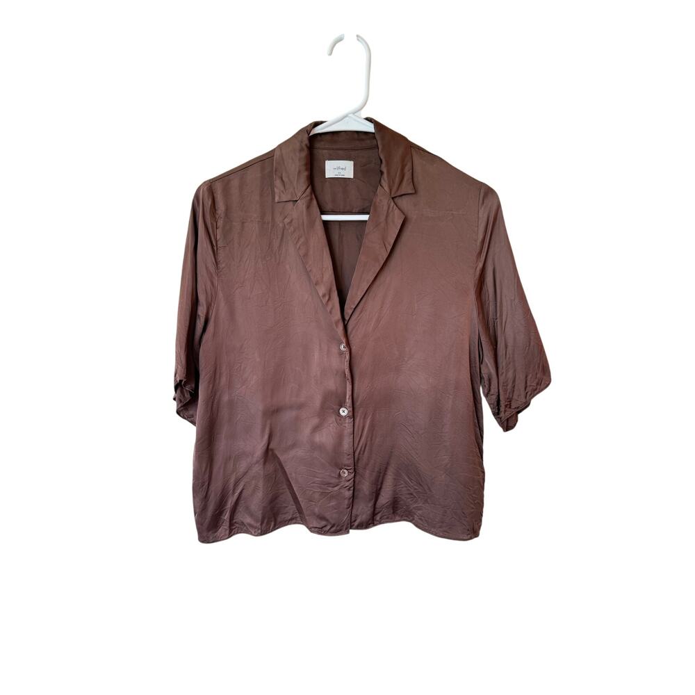 Wilfred Aritzia Short Sleeve Button Up Crop Blouse Brown Women's Size XS